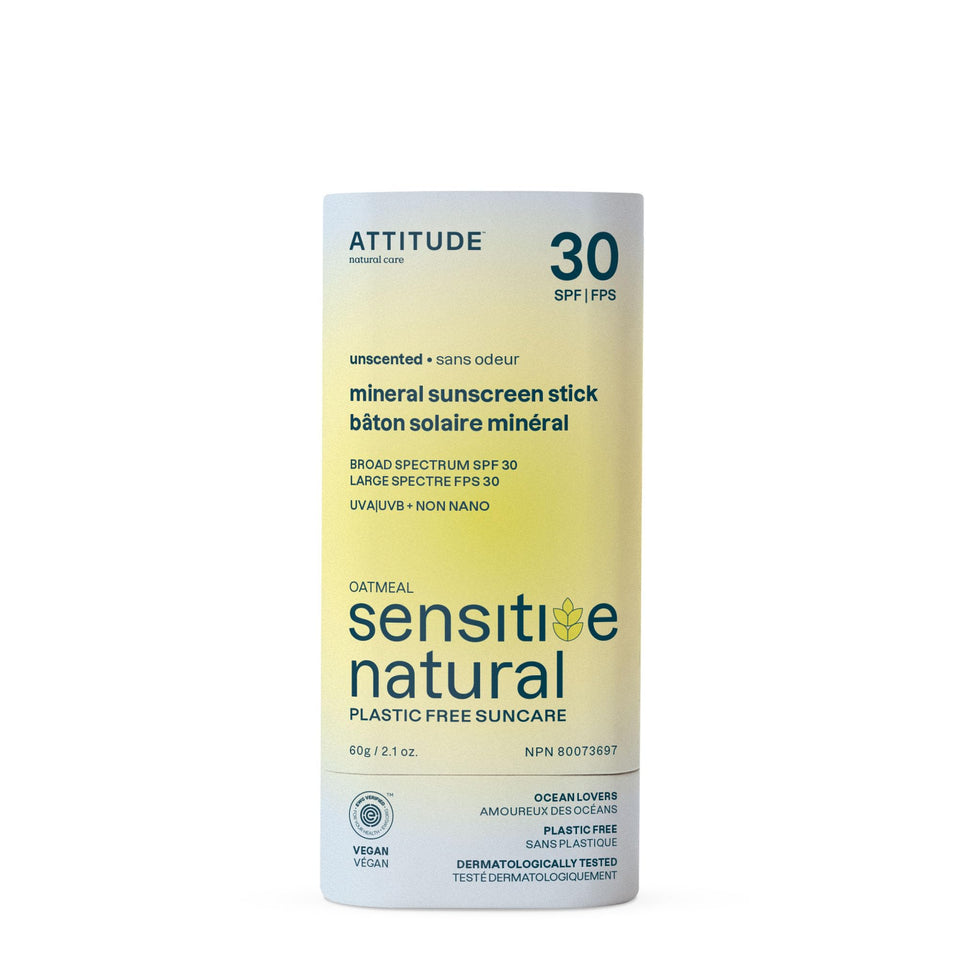 ATTITUDE sunscreen stick front packaging shows SPF 30 and plastic-free benefit