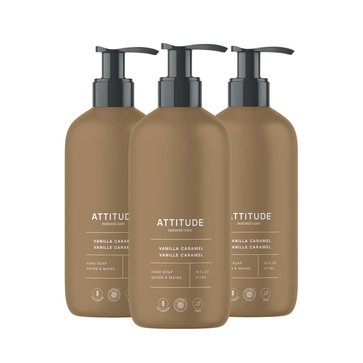 ATTITUDE front packaging showing bottle and vanilla caramel scent for clean hands
