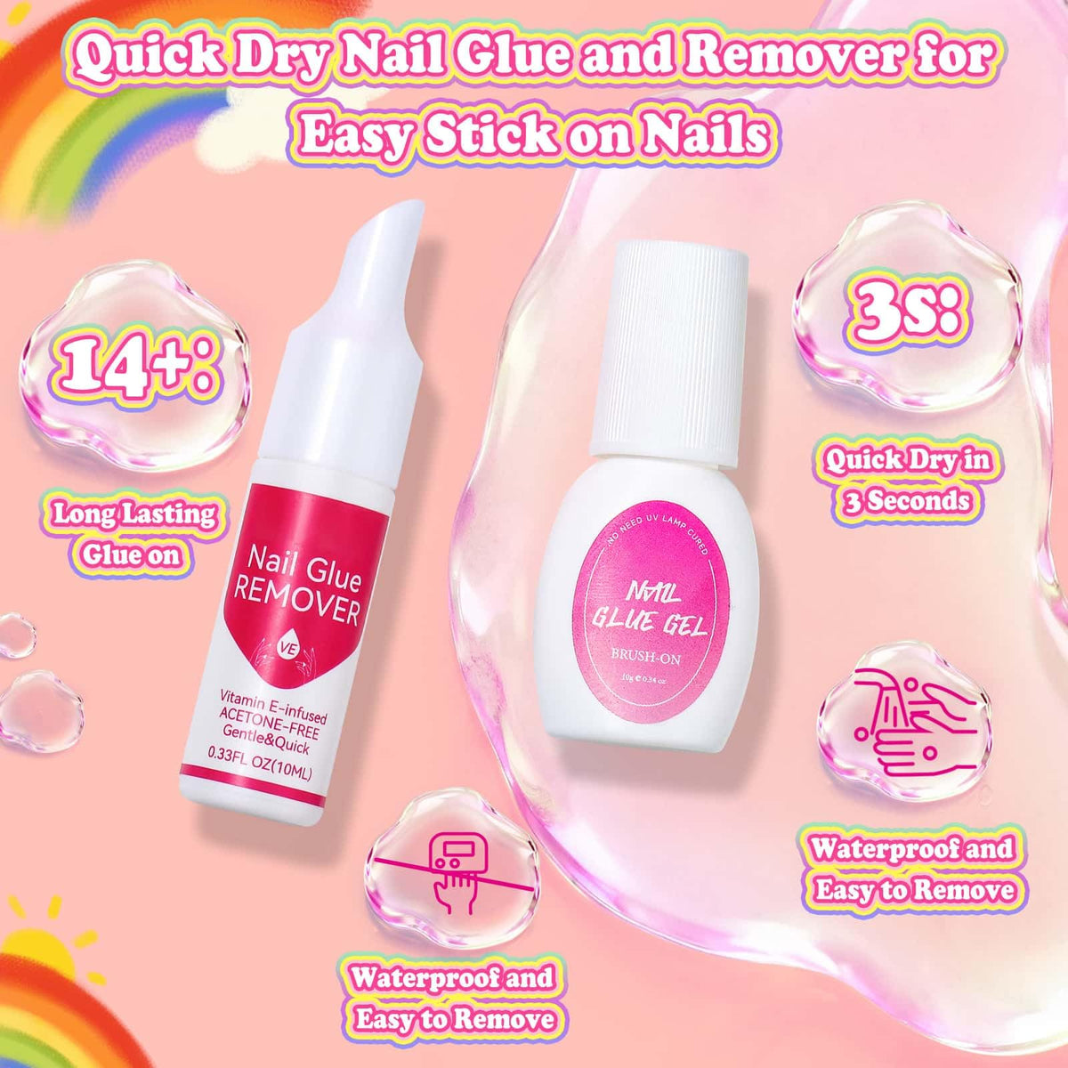 Audab glue and remover bottles displayed with applicator demonstrating safe use