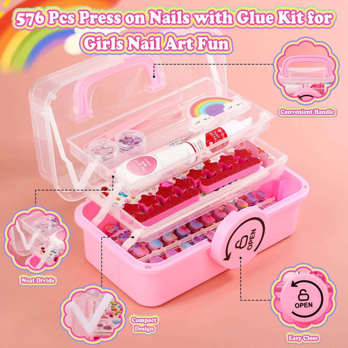 Audab close-up of assorted nail designs highlighting colorful patterns and glitter