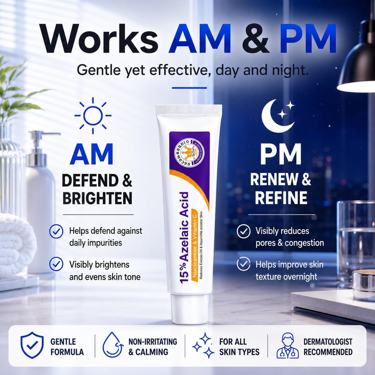 Aufdzceh in a bathroom routine setting showing everyday use for clearer, balanced skin