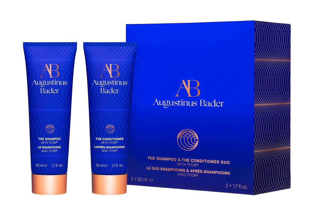 Augustinus Bader front packaging showing compact travel bottles and benefits