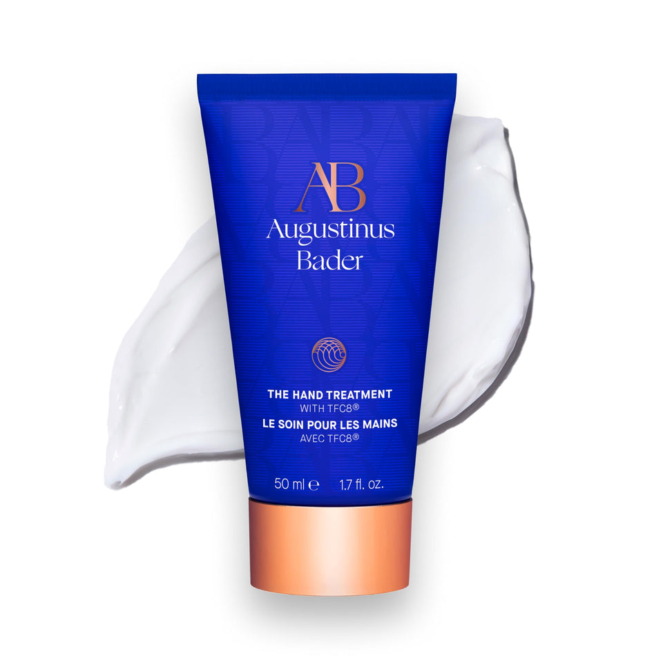 Augustinus Bader jar front view showing packaging and size, communicates luxury and recyclable glass