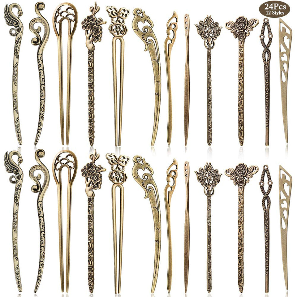 AUHOKY front view of 24-piece bronze hair sticks set with decorative patterns and variety