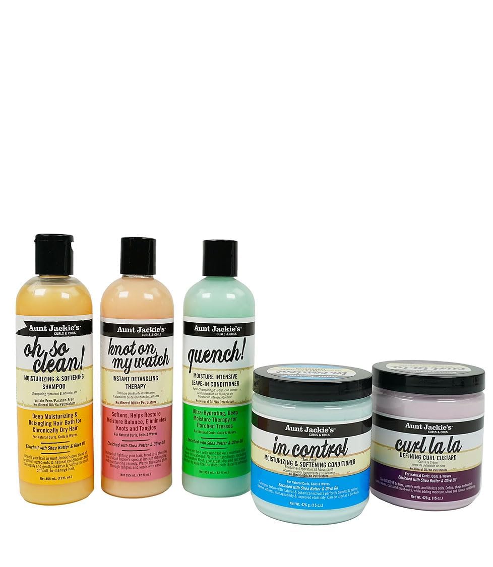 Aunt Jackie's bundle front packaging showing five products for hydrated defined curls