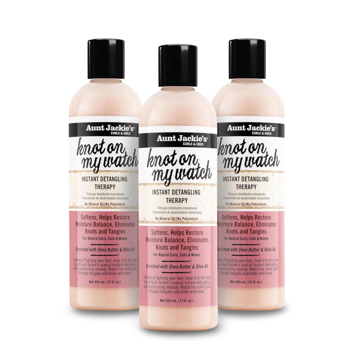 Aunt Jackie's front packaging showing three 12oz bottles and product name benefit