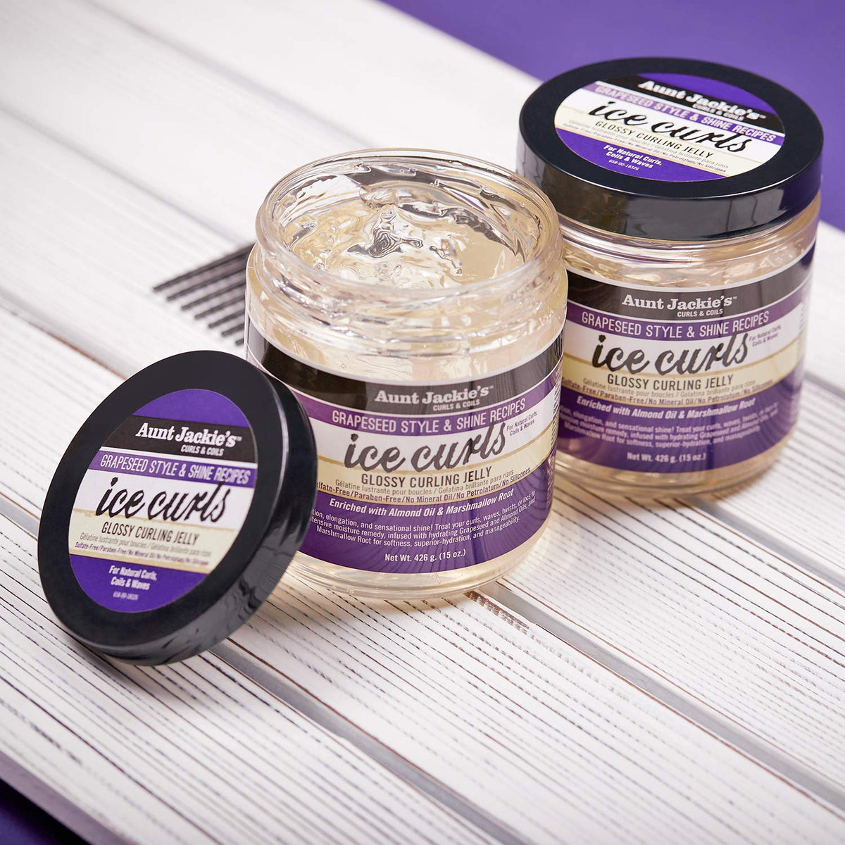Aunt Jackie's label close-up highlighting grapeseed, almond oils and marshmallow root