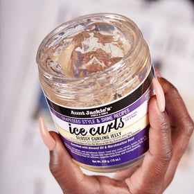 Aunt Jackie's jelly applied to curly hair showing smoother definition and shine