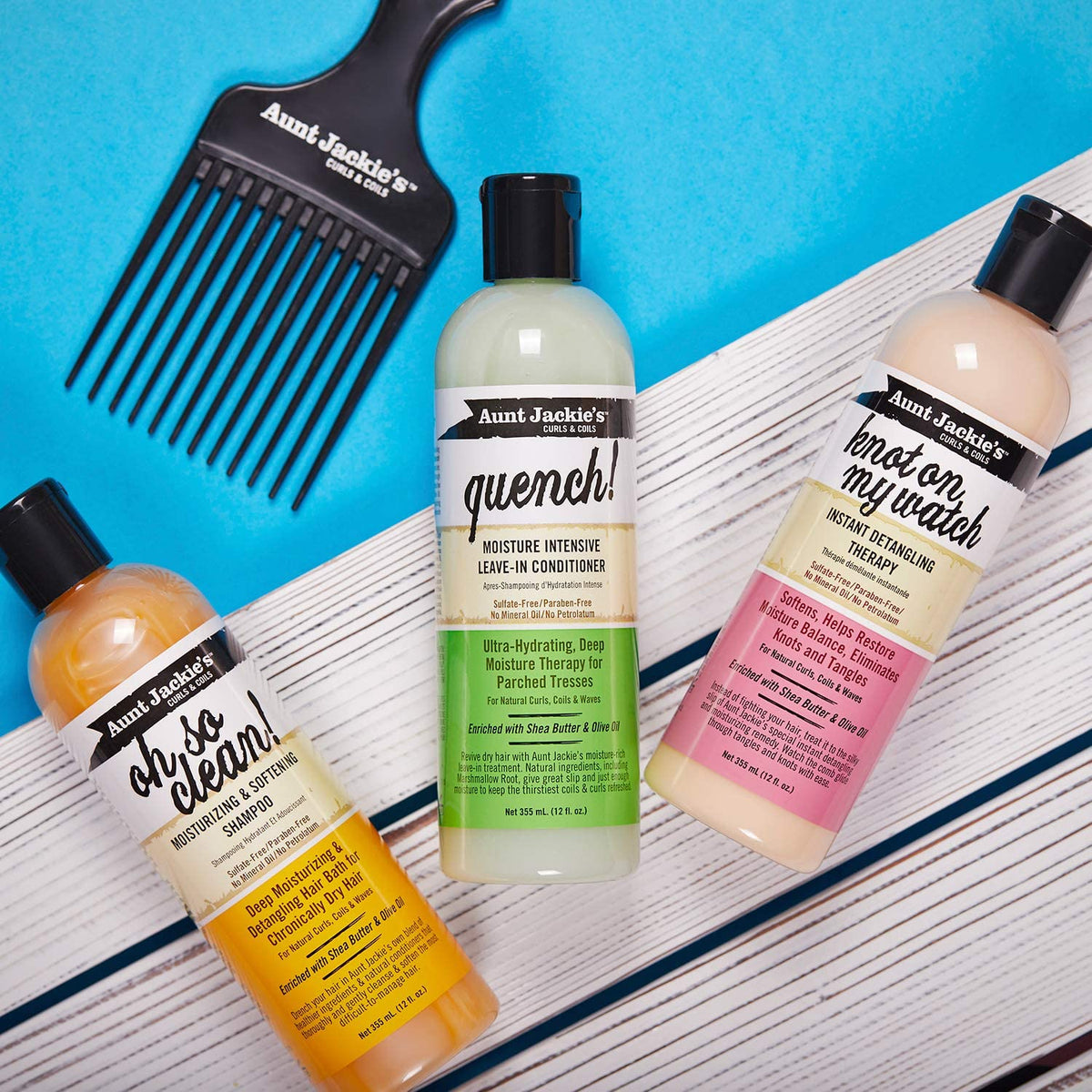 Aunt Jackie's bottles styled on bathroom shelf for ready daily use