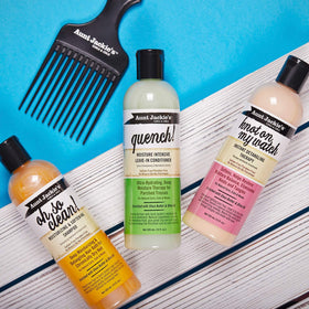 Aunt Jackie's bottles styled on bathroom shelf for ready daily use