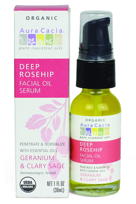 Aura Cacia front label bottle showing organic rosehip serum and benefits