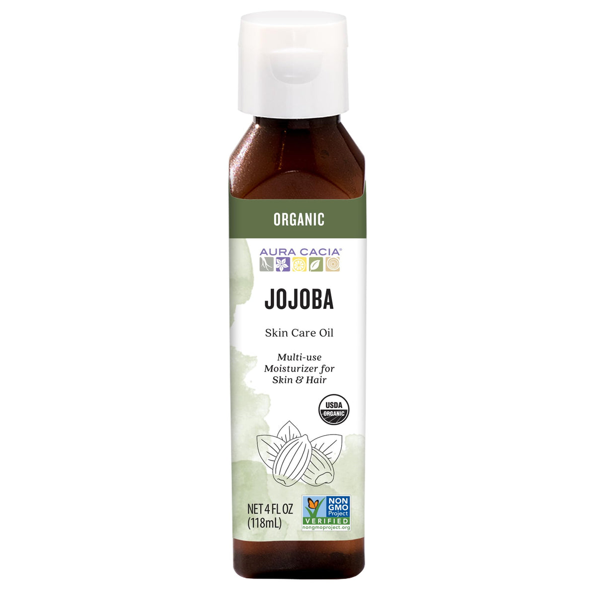Aura Cacia bottle front view showing organic jojoba oil and purpose