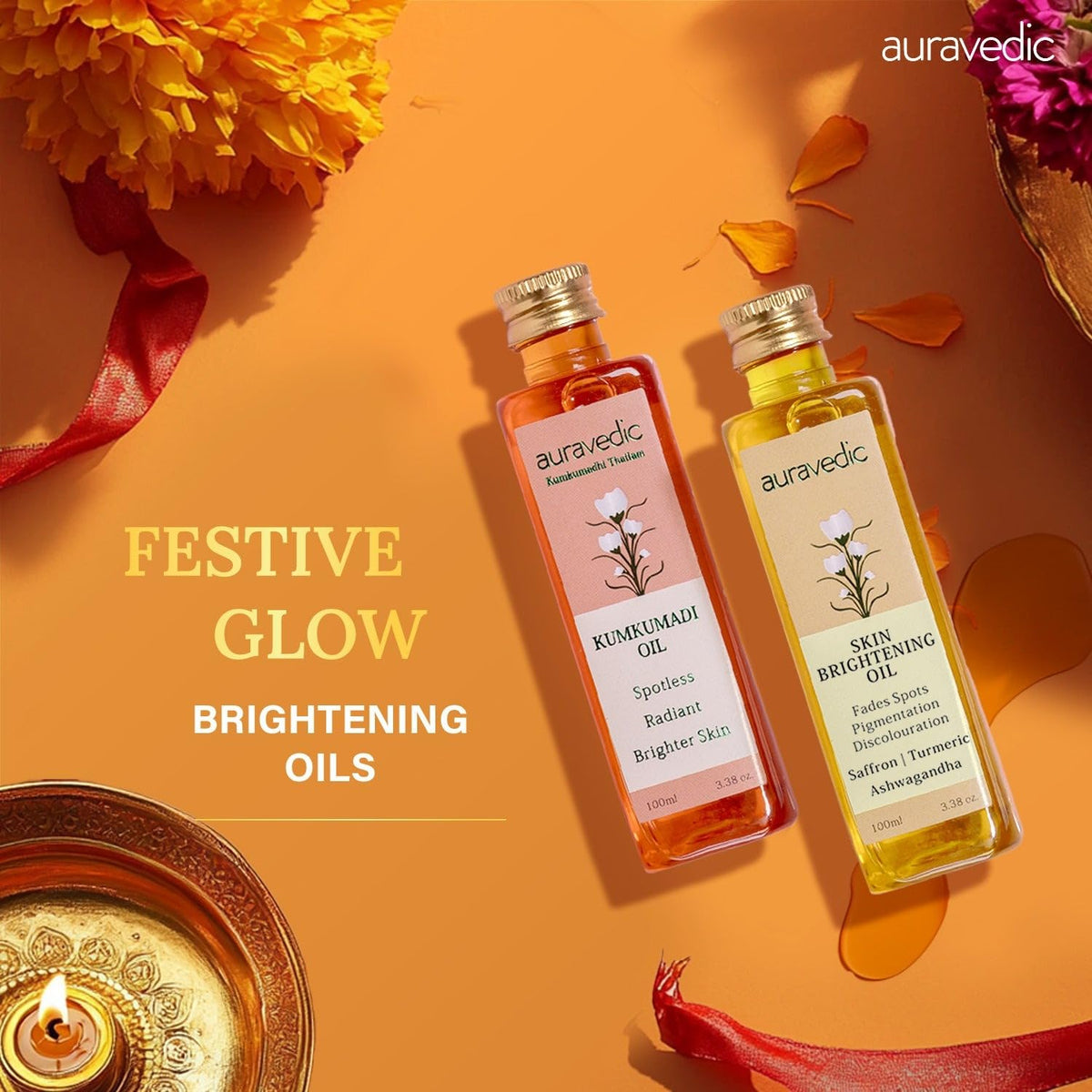 auravedic kumkumadi oil texture in hand illustrating quick absorption