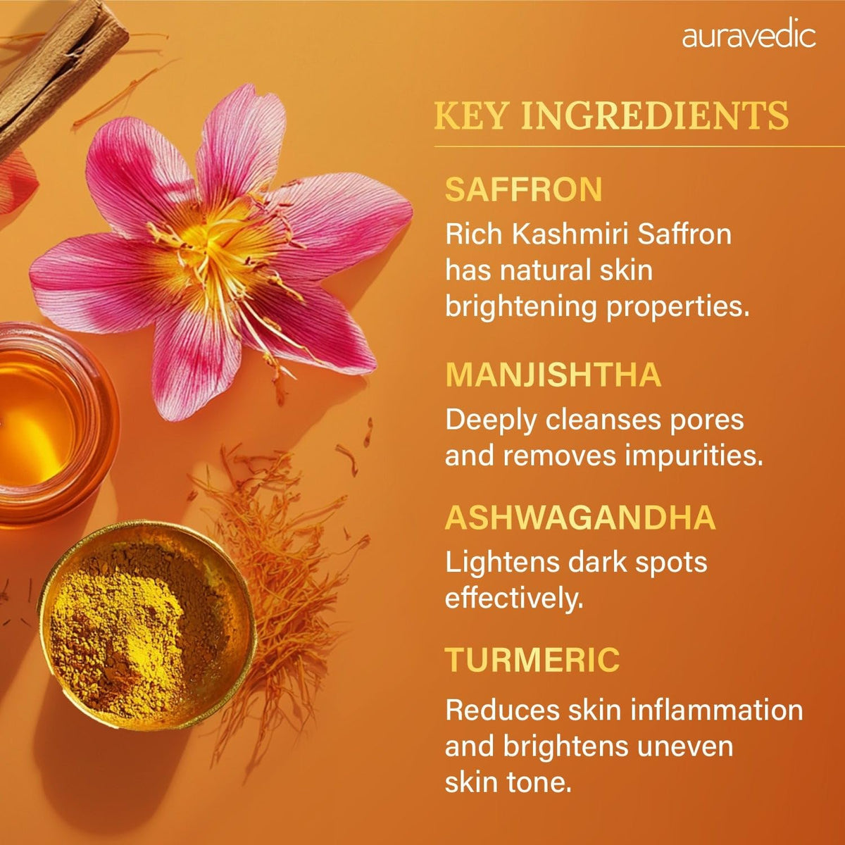 auravedic skin oil with saffron and turmeric highlighting brightening botanicals