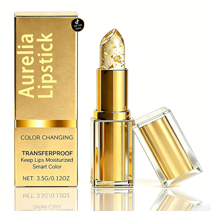 Aurelia Lipstick front packaging showing brand and sleek case, long‑wear benefit