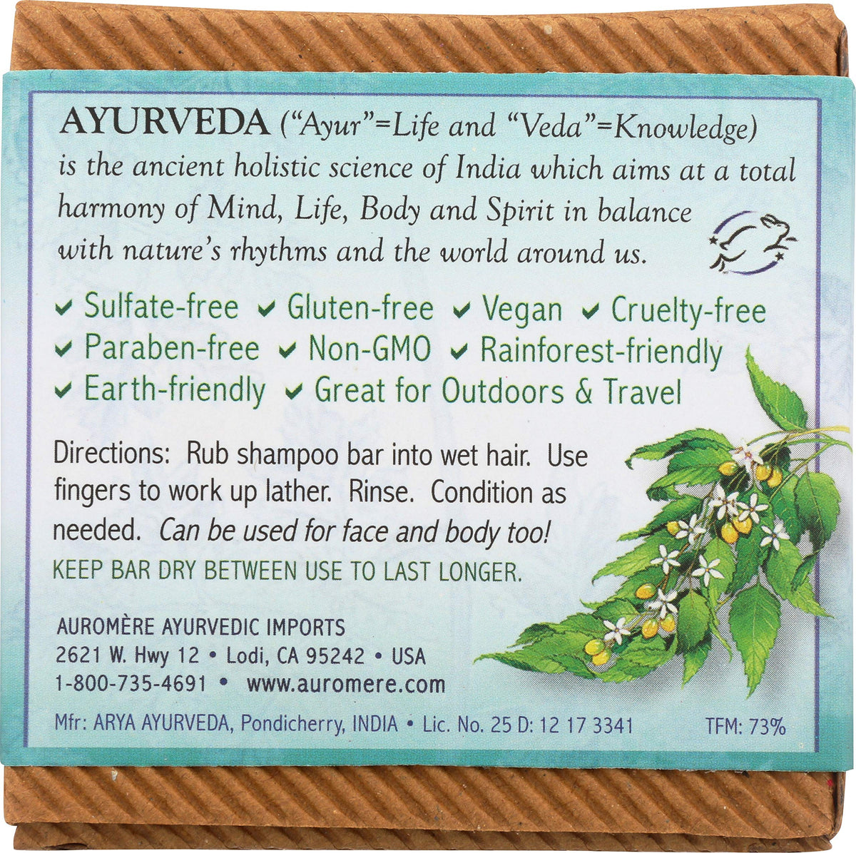 Auromere close-up of neem shampoo bar texture highlighting natural ingredients