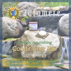 Auromere conditioner bar on bathroom shelf lifestyle shot promotes eco-friendly routine