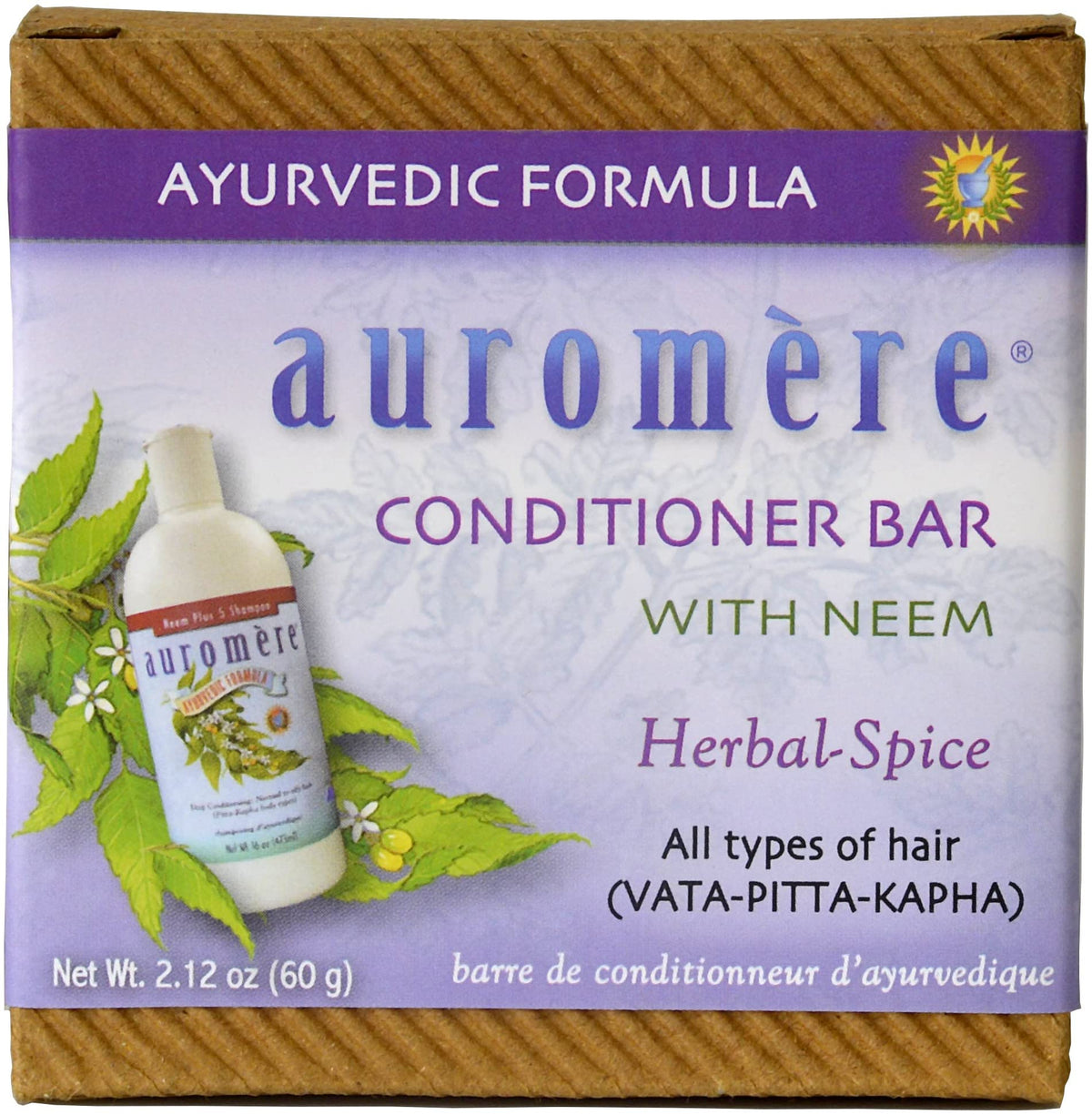 Auromere conditioner bar close-up texture highlights creamy herbal formula for smooth hair