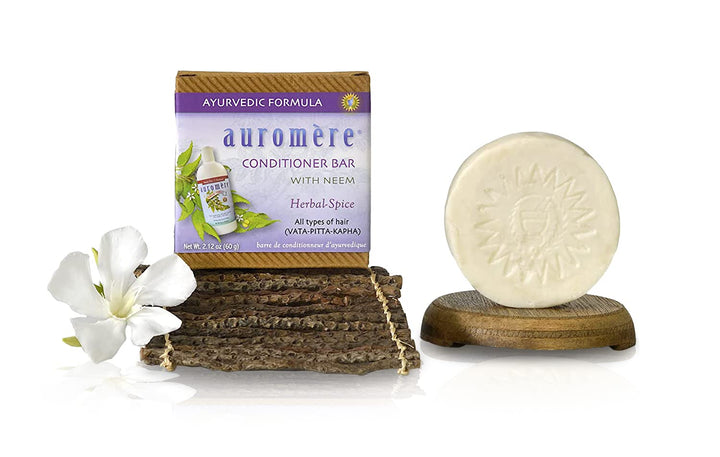 Auromere conditioner bar front packaging shows compact zero-waste design and benefits