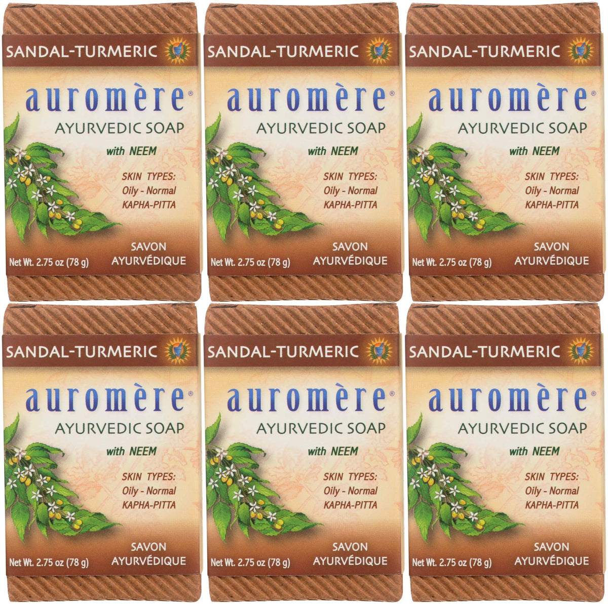 Auromere front packaging showing six sandal turmeric bars and eco benefit