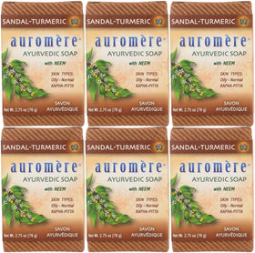 Auromere front packaging showing six sandal turmeric bars and eco benefit