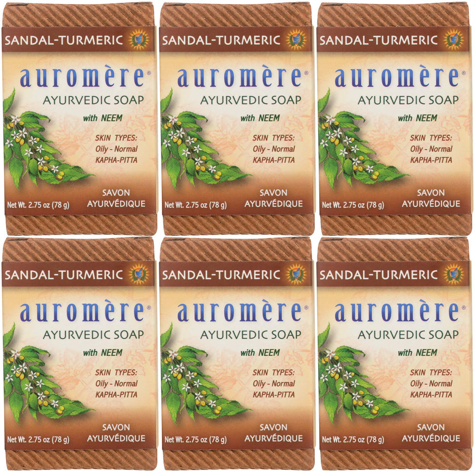 Auromere front packaging showing six sandal turmeric bars and eco benefit