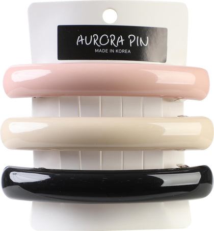 AURORA PIN front view of three tortoise shell clips showing colors and packaging, versatile styling benefit
