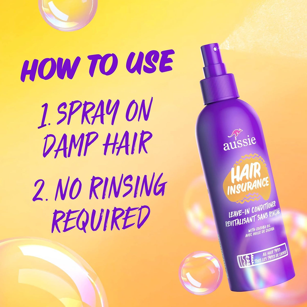 Aussie applying spray to damp hair to reduce frizz and detangle