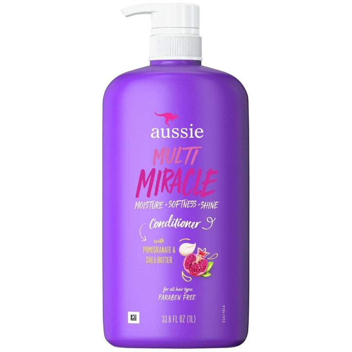 Aussie front bottle showing label and large 33.8 fl oz size, highlights moisturizing benefit