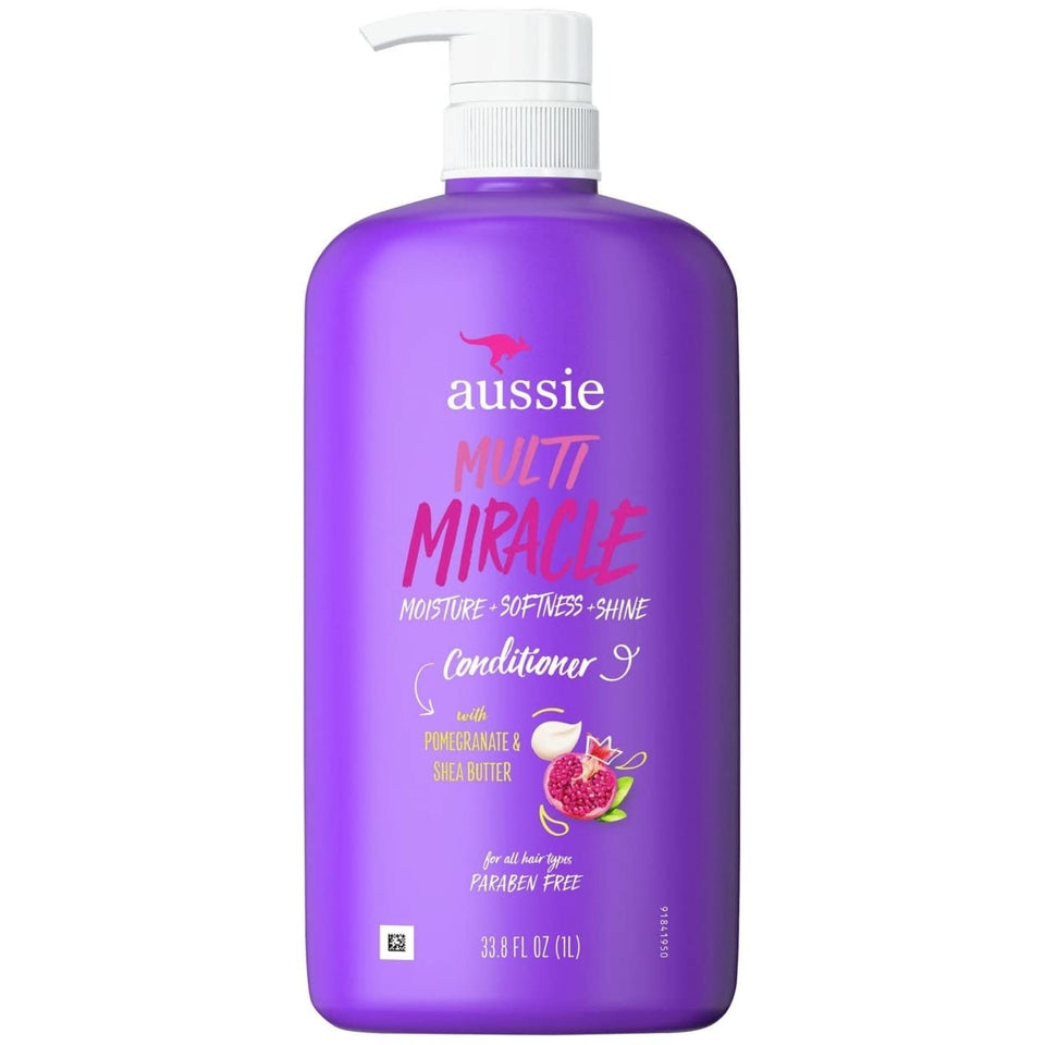 Aussie front bottle showing label and large 33.8 fl oz size, highlights moisturizing benefit