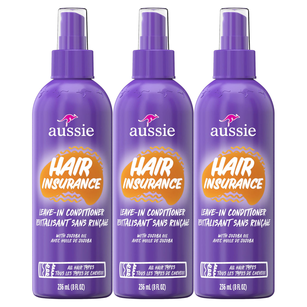 Aussie front packaging showing three 8 fl oz bottles and product benefits