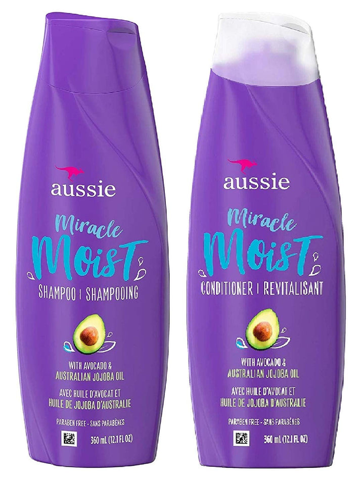 Aussie front packaging showing bottles and hydrated hair result