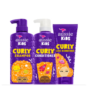 Aussie front packaging of kids curly bundle showing trio and benefit easy routine