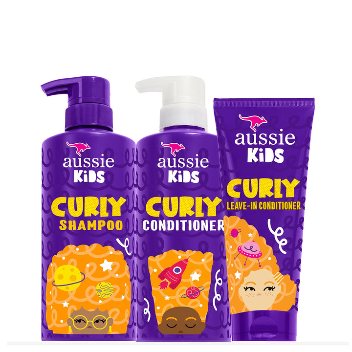 Aussie front packaging of kids curly bundle showing trio and benefit easy routine