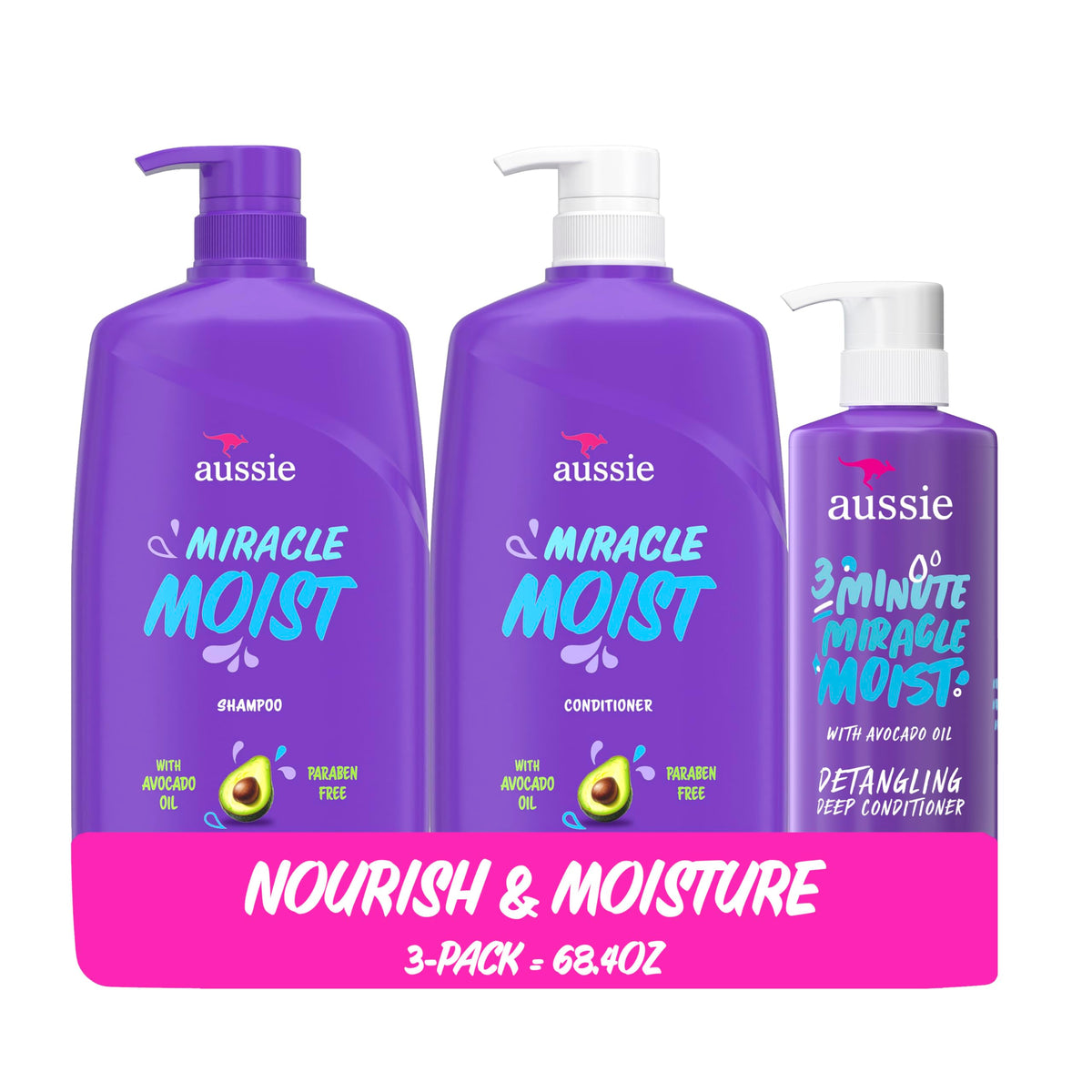Aussie front packaging showing full three-piece moisturizing set and sizes