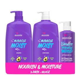 Aussie front packaging showing full three-piece moisturizing set and sizes