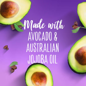 Aussie bottle beside avocado and jojoba seeds showing natural oil nourishment