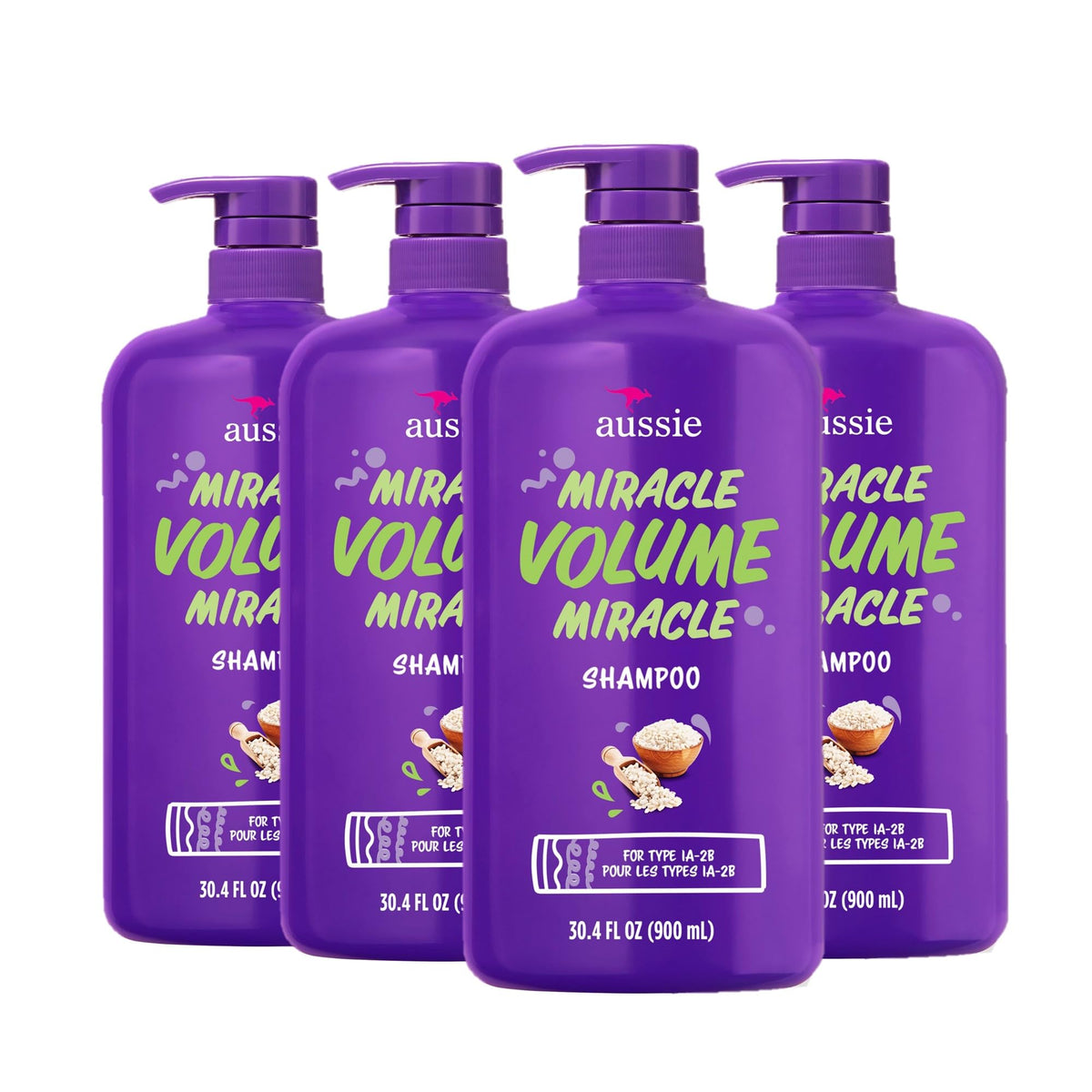 aussie front packaging showing large 30.4 oz bottle and uplifted hair benefit