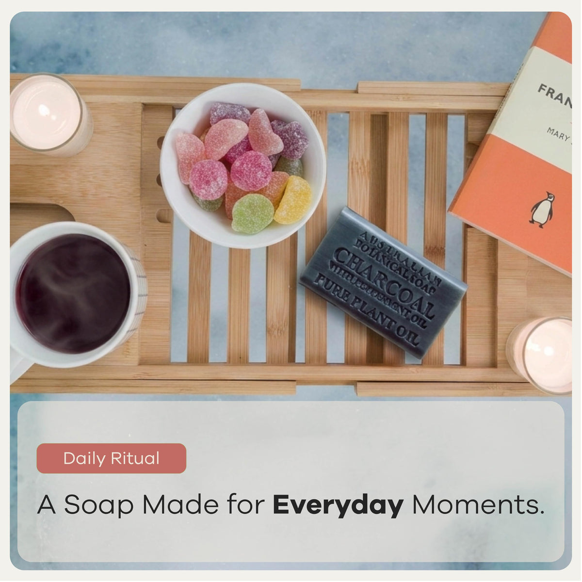 Australian Botanical soap on bathroom shelf styled to show everyday lifestyle use