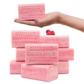 Australian Botanical front packaging showing eight raspberry soap bars and benefits