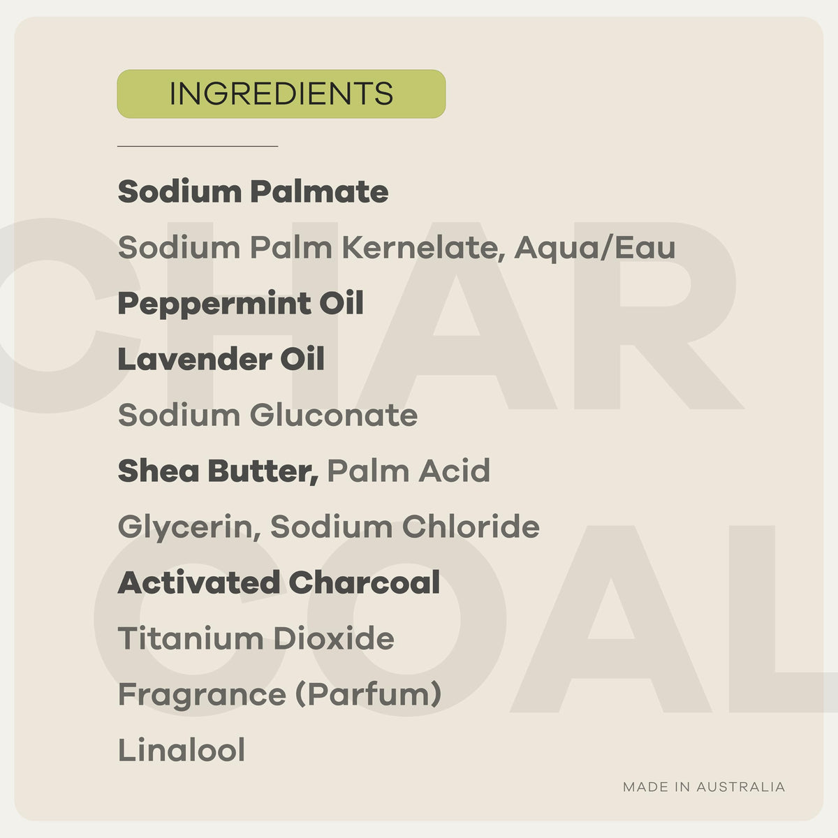 Australian Botanical activated charcoal powder beside bar indicating deep cleansing