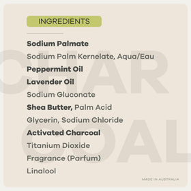Australian Botanical activated charcoal powder beside bar indicating deep cleansing