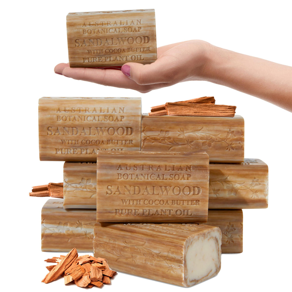 Australian Botanical Soap front packaging showing warm sandalwood benefit