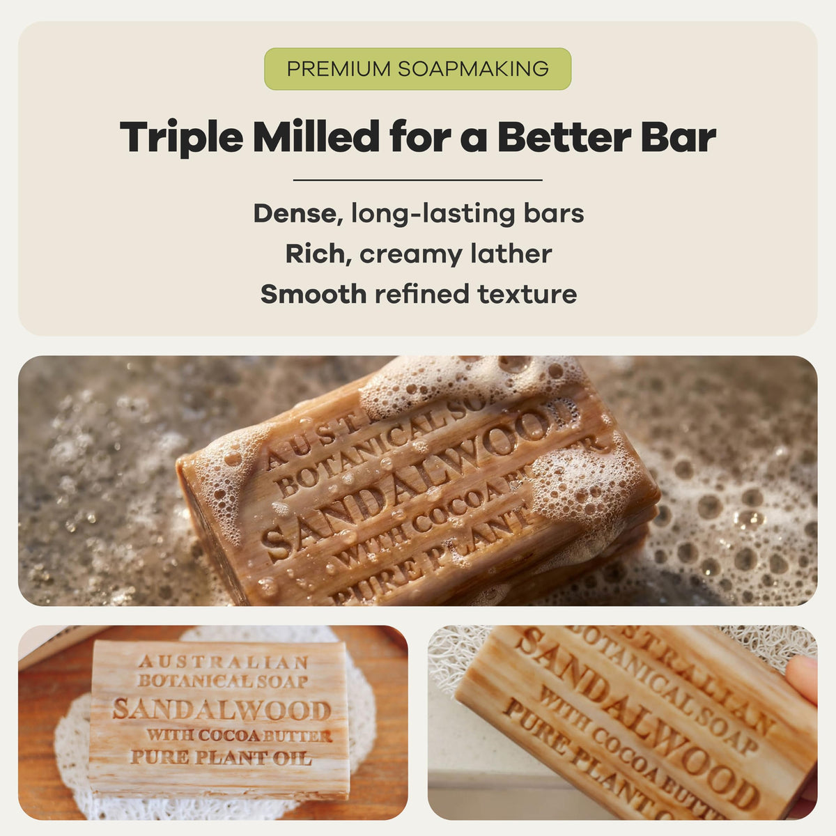 Australian Botanical Soap rich lather on hand illustrating cleansing benefit