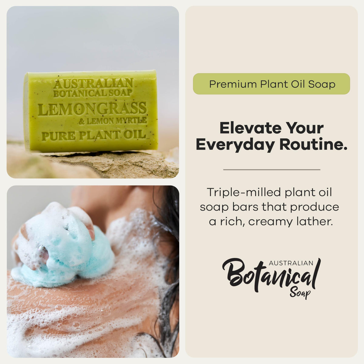 Australian Botanical Soap closeup of bar texture showing dense triple‑milled surface and creamy lather benefit
