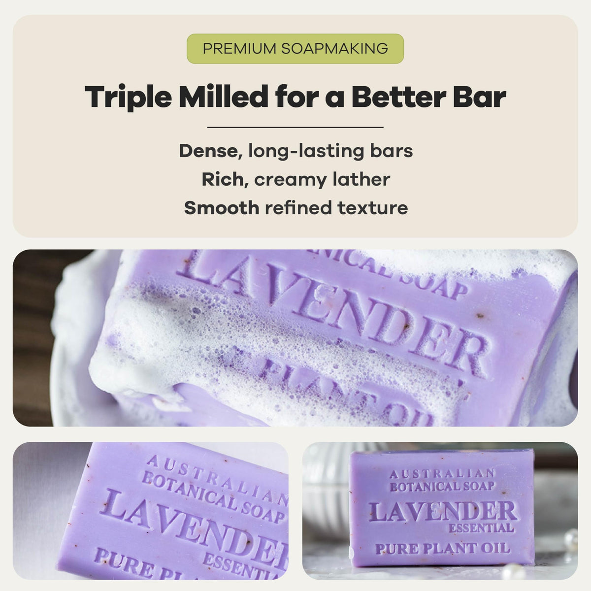 Australian Botanical Soap bar held in hand illustrating 6.6 oz scale and sturdy size