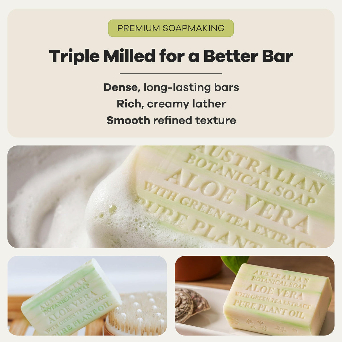 Australian Botanical Soap held in hand demonstrating 6.6 oz scale