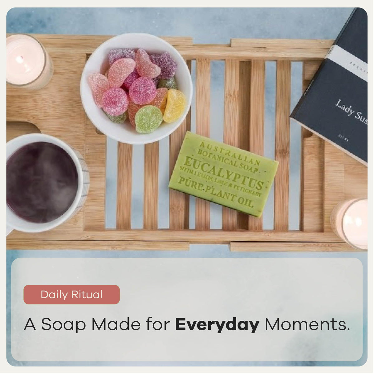 Australian Botanical Soap bars arranged in a bathroom setting conveying refreshing eucalyptus-citrus scent