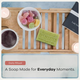 Australian Botanical Soap bars arranged in a bathroom setting conveying refreshing eucalyptus-citrus scent