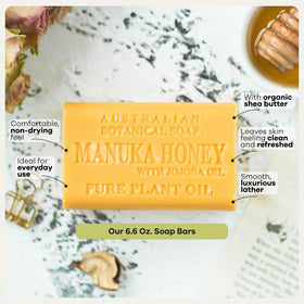 Australian Botanical Soap beside soap dish illustrating size comparison